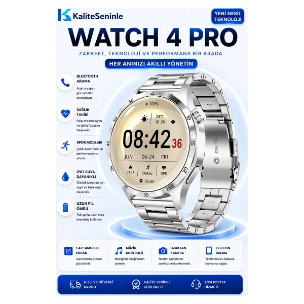 KALİTESENİNLE Watch GT4 Klasik Erkek 46mm Gümüş Akıllı Saat Bluetooth Sesli Görüşmeli iPhone Huawei Uyumlu