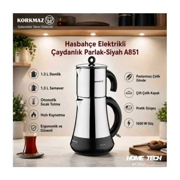 Korkmaz Hasbahçe A851 1600 W Siyah Krom Çelik Çay Makinesi