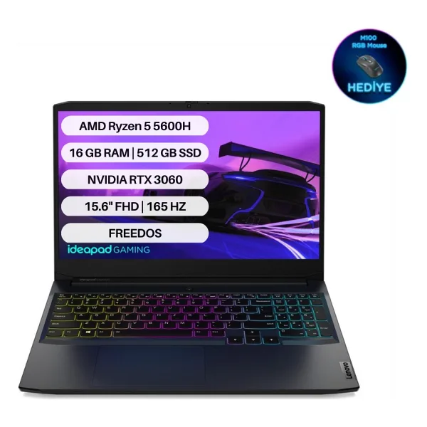 Lenovo IdeaPad Gaming 3 82K200K0TX Ryzen 5 5600H 16 GB 512 GB SSD RTX3060 15.6" Full HD Gaming Laptop