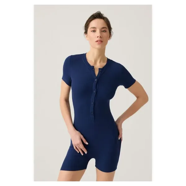 Los Ojos Lacivert Fitilli Kısa Kollu Kısa Tulum Short Romper