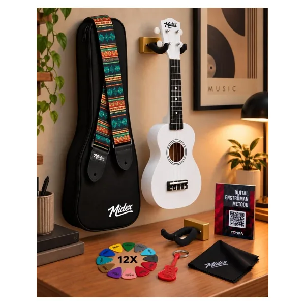 Midex UKX-901WH Beyaz Soprano Ukulele (Askı Çanta Metod Pena)