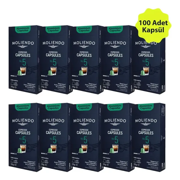Moliendo Finest Coffee Alüminyum Kapsül Kahve No:5 Avantaj Paketi 100 Adet (NESPRESSO UYUMLU ALÜMİNYUM KAPSÜL)