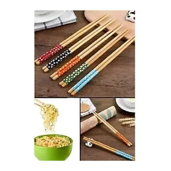 Mucit Home 5 Çift Bambu Chopstick Desenli Yıkanabilir Çin Suşi Ramen Noodle Yemek Çubuğu