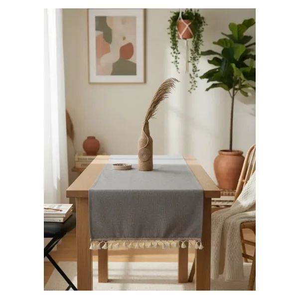 NDC HOME Keten Gri Antrasit Şeritli Ponpon Runner 150 X 45