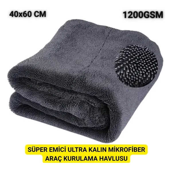 Polham 40x60CM 1200GSM Süper Su Emici Özellikli Mikrofiber Araç Kurulama Havlusu, Çizik ve İz Bırakmaz Bez