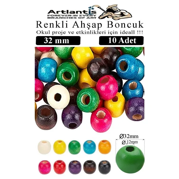 Renkli Ahşap Boncuk 32Mm 10 Lu 1 Paket Renkli Ahşap Boyalı Yuvarlak Doğal Boncuklar Saç Takı Tasarım Ektinlik Kreş Okul