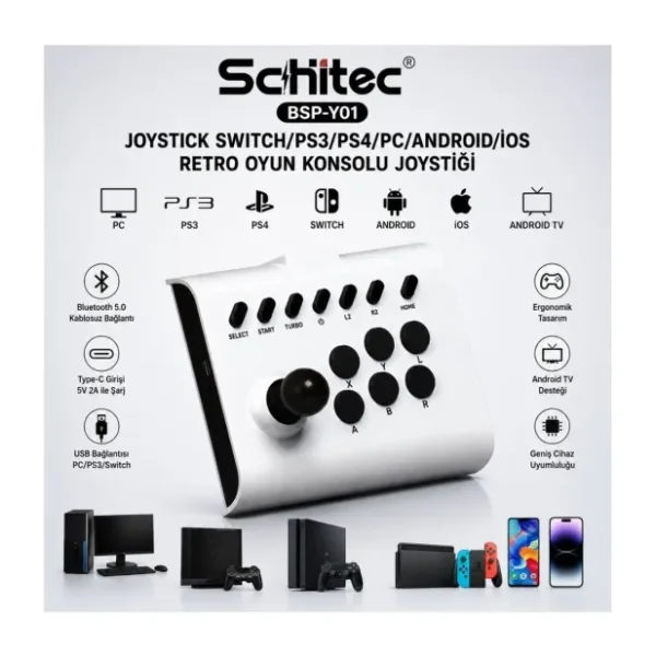 Schitec Bsp-Y01 Joystick N-Switch/PS3/PS4/PC/Android/İos/TV Retro Oyun Konsolu Joystick Beyaz