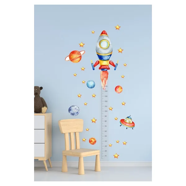 Sim Tasarım Boy Ölçer Uzay Roket Temalı Çocuk Odası Duvar Dekorasyon Sticker Seti
