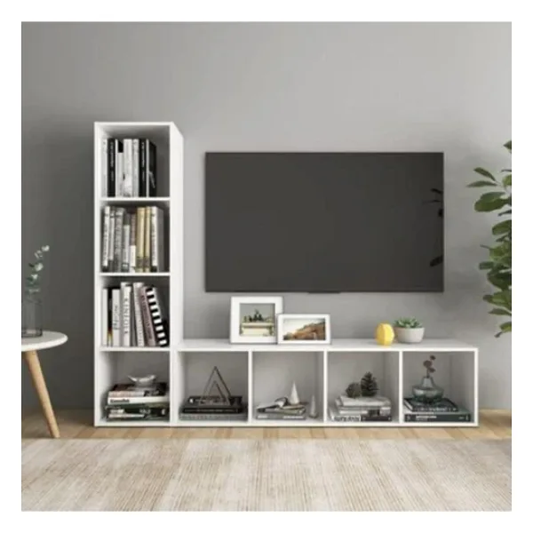 Tdesıgno Yağmur Kitaplıklı Televizyon Sehpası - Ünitesi -Kitaplık-Beyaz 150 Cm 8 Raflı