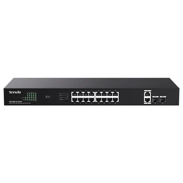 TENDA TEG1120P-16-250W 16 PORT 10/100/1000 POE 2 PORT UPLINK +2 SFP 250W YONETILEMEZ RACK MOUNT SWITCH