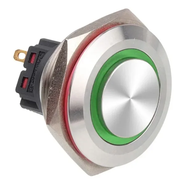WD30B-G1-E 30mm Çıkık Yaylı Işıklı Metal Buton - Yeşil