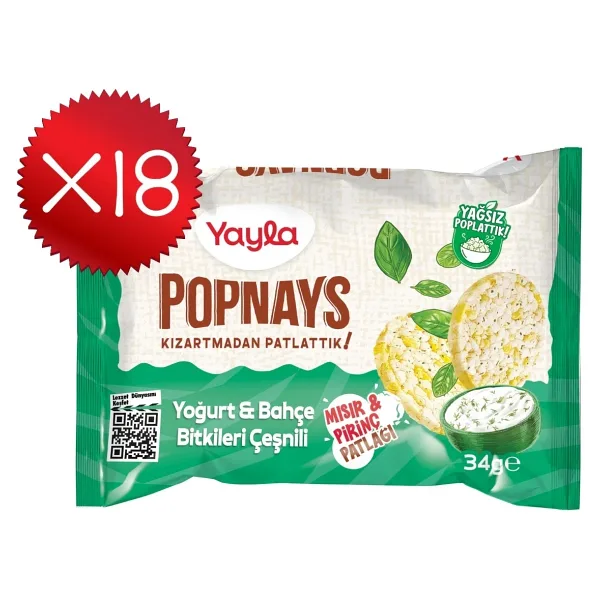 Yayla Popnays Yoğurt ve Bahçe Bitkileri Çeşnili Mısır ve Pirinç Patlağı 34 g x18