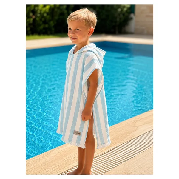 ZEYPBA Mavi Çizgili Müslin Bebek Panço - 4 Kat Pamuklu 1-3 Yaş Plaj ve Deniz Pançosu