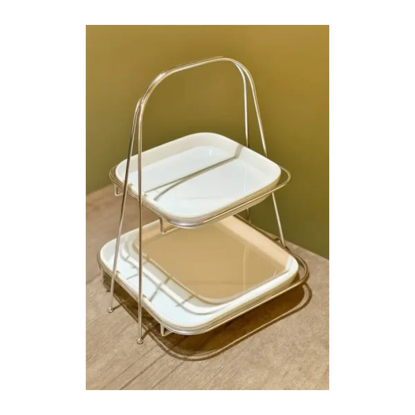 2 Katlı Kare Gümüş Metal Standlı Mika Sunumluk Şekerlik Lokumluk Kurabiyelik