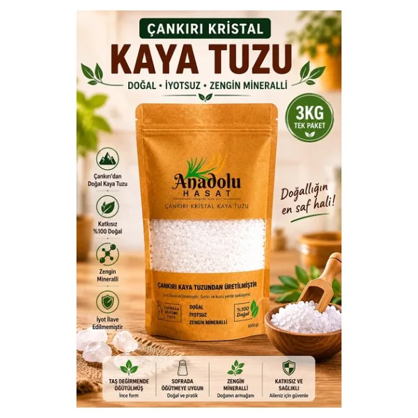 ANADOLU HASAT 3KG Çankırı Kristal Sofrada Öğütme(granül) kaya tuzu