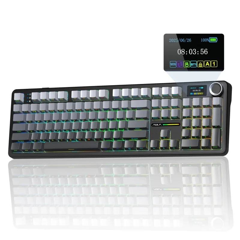 Aula F108 Pro Ekranlı Mekanik Klavye Zephyr Switch RGB Hot Swap 8000mAh Makrolu Oyuncu Klavyesi Gri