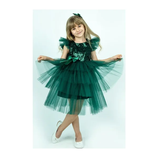 Buse & Eylül Bebe Yeşil Pullu Kız Çocuk Parti Elbisesi - Mor - 1 Yaş