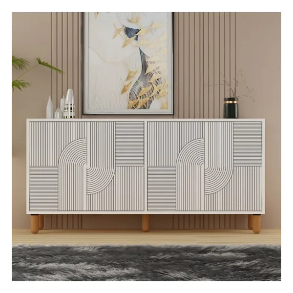 Desso Konsol 150CM, Tv Sehpası, Kitaplık, Çok Amaçlı Dolap, Ahşap Ayak, Lazer Desen - Beyaz