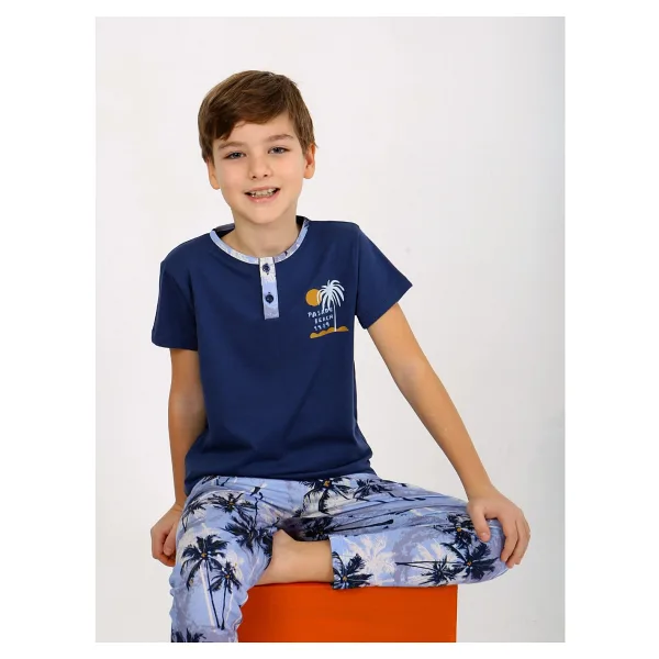 Erkek Çocuk Kısa Kollu Düğme Detaylı %100 Pamuklu Pijama Takımı The Palm - Lacivert