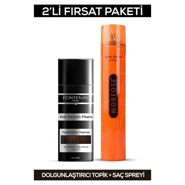 Fontenay Saç Dolgunlaştırıcı Keratin Fibers Koyu Kahve Topik Saç Tozu 50Gr + Saç Spreyi 400Ml 2Li Set 2