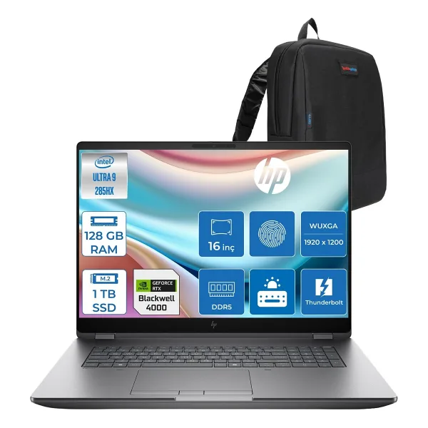 Hp Zbook Fury G1I Intel Ultra 9 285HX Ddr5 128GB 1tb SSD 16GB/RTXPRO4000 Blackwell Wuxga (1920 x 1200) IPS 400NIT Wi-Fi7+Bt 5.4 Windows 11 Pro Aı Iş Istasyonu 5F9Q9ESP42 + Zettaçanta - 1 TB - 128 GB