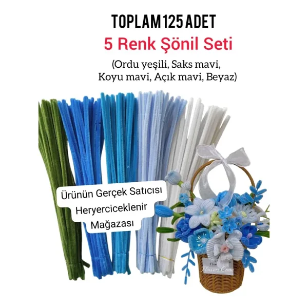 hyc heryerçiçeklenir 5'li Şönil Seti 25 Adet Ordu Yeşili, 25 Adet K. Mavi, 25 Adet A.mavi, 25 Adet Beyaz, Tüylü Tel