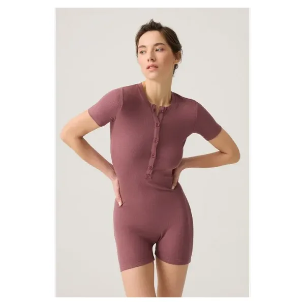 Los Ojos Bordo Fitilli Kısa Kollu Kısa Tulum Short Romper
