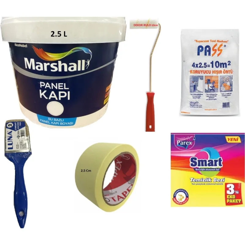 Marshall Su Bazlı Kokusuz Amerikan Panel Kapı Boyası Su Bazlı 2,5 Lt - 6 Parça Boyama Seti - Zeytin Dalı - 2.5 L+ Boyama Seti