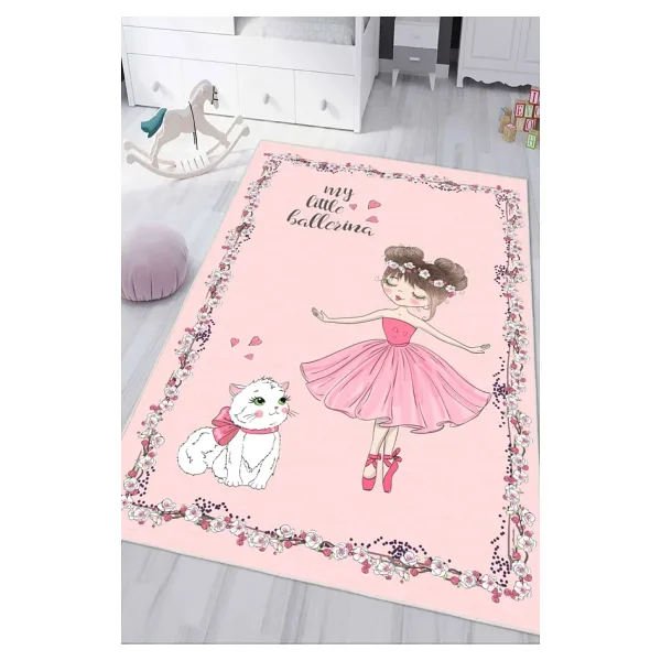 Pembe Balerin Desenli Baskılı Yıkanabilir Kaymaz Kız Çocuk Odası Anaokulu Kreş Halısı