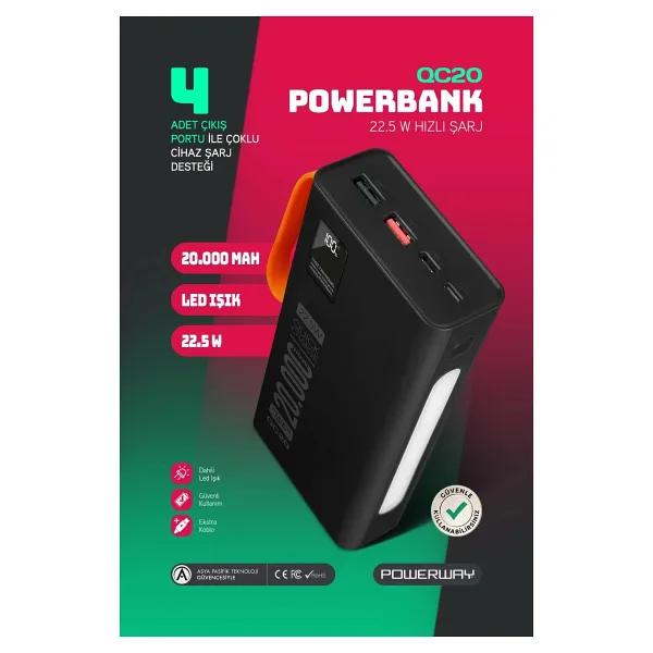 Powerway QC20 20000 mAh Hızlı Şarj Powerbank