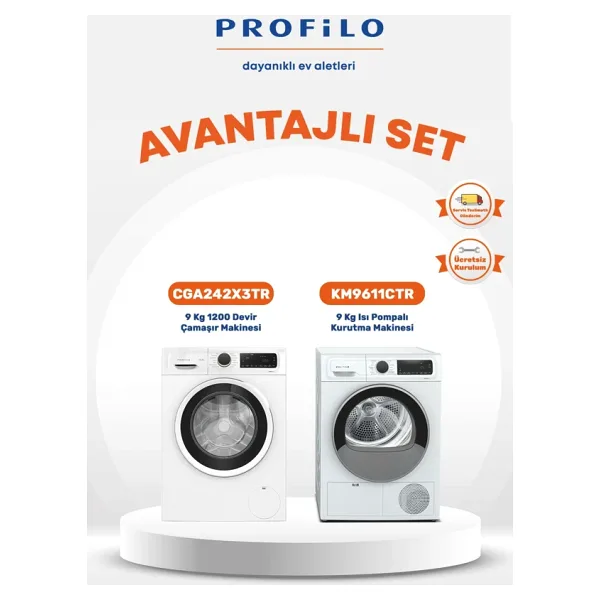 Profilo 2li 9 Kg Set Çamaşır Makinesi(CGA242X3TR) + Kurutma Makinesi(KM9611CTR)