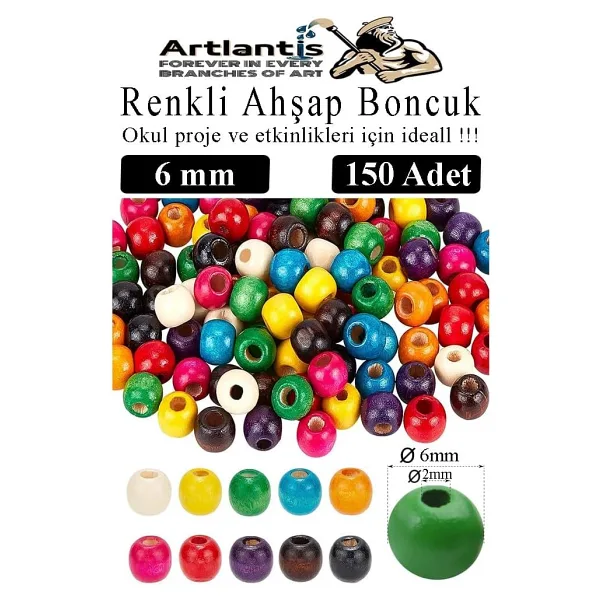 Renkli Ahşap Boncuk 6Mm 150 Li 1 Paket Renkli Ahşap Boyalı Yuvarlak Doğal Boncuklar Saç Takı Tasarım Ektinlik Kreş Okul