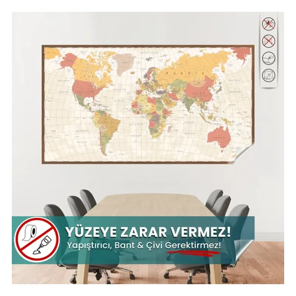 Renkli Dünya Haritası, Eğitici Ve Öğretici, Çocuk Ve Oyun Odası Duvar Sticker, Akıllı Kağıt Harita