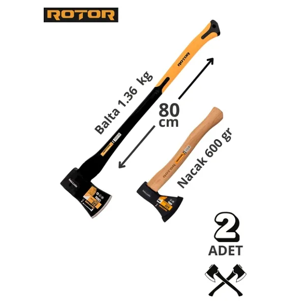 ROTOR Fiber+Ahşap Saplı 1360gr+600gr 2'li Balta Nacak Seti