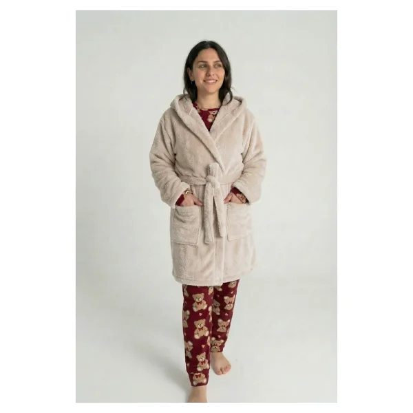 Sevim Kapüşonlu Wellsoft Sabahlık & Peluş Bornoz - Yumuşak, Polar Unisex Sabahlık-Bej - XL - 2XL