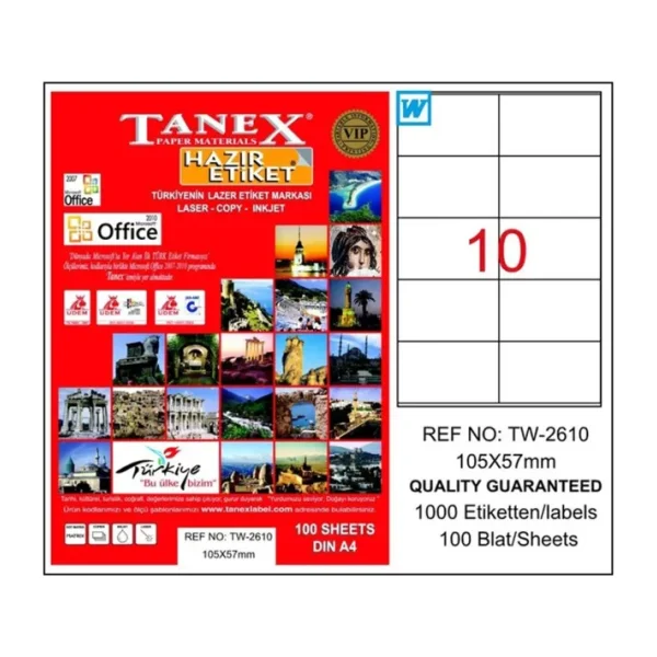 Tanex TW-2610 105x57 mm 10'lu 100 Sayfa A4 Lazer Etiket