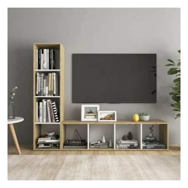 Tdesigno Tdesıgno Rengul Kitaplıklı Televizyon Sehpası - Ünitesi -Kitaplık Meşe-Beyaz 150 Cm 8 Raflı