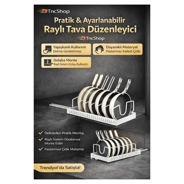 TncPatiShop Yapışkanlı Raylı Tabak Tencere Tava Düzenleyici Tezgah Üstü Ayarlanabilir Mutfak Organizeri Beyaz