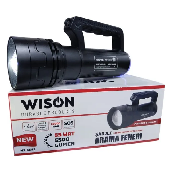 Wison WS-8585 Profesyonel Arama Feneri 55W - 5500 Lümen - 22.000 Mah - Zoomlu, Arka Işık & Çakar Modlu - Siyah