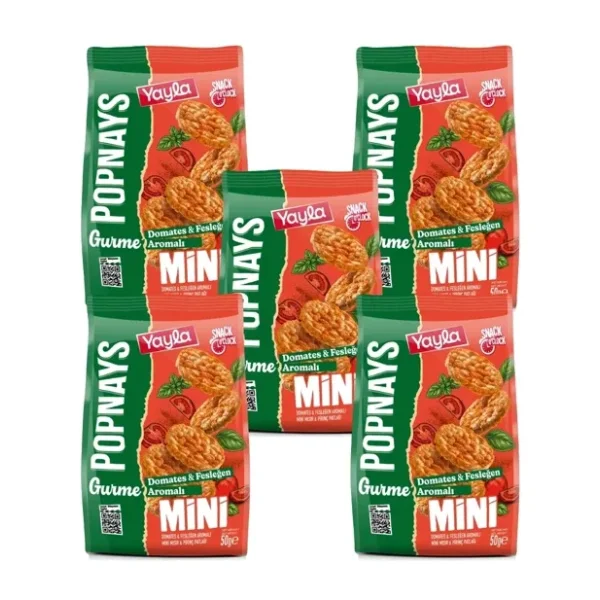 Yayla Popnays Gurme Domates ve Fesleğen Aromalı Mini Mısır ve Pirinç Patlağı 50 g x5