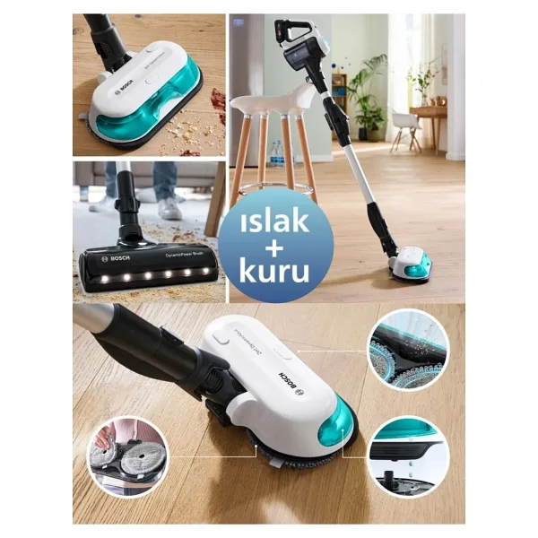 Bosch Mop ve Süpürme Islak-Kuru Temizlik, Güçlü Emiş,hafif Tasarım ve Uzun Pil Ömrü Motor 10 Yıl Garanti - Beyaz