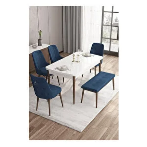 Canisa Are Serisi,beyaz Masa Ceviz Ayak Mdf 80x132 Açılabilir Yemek Odası Takımı,4 Sandalye Gümüş Halkalı Ve 1 Bench
