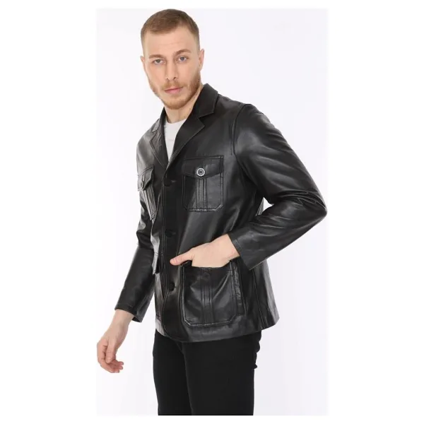 Derimont Deri Erkek Deri Ceket Siyah Blazer Cepli