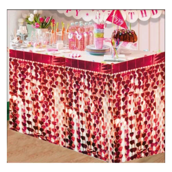 EveFix Püsküllü Işıltılı Metalize Kırmızı Kalpli Masa Eteği 75x360 cm
