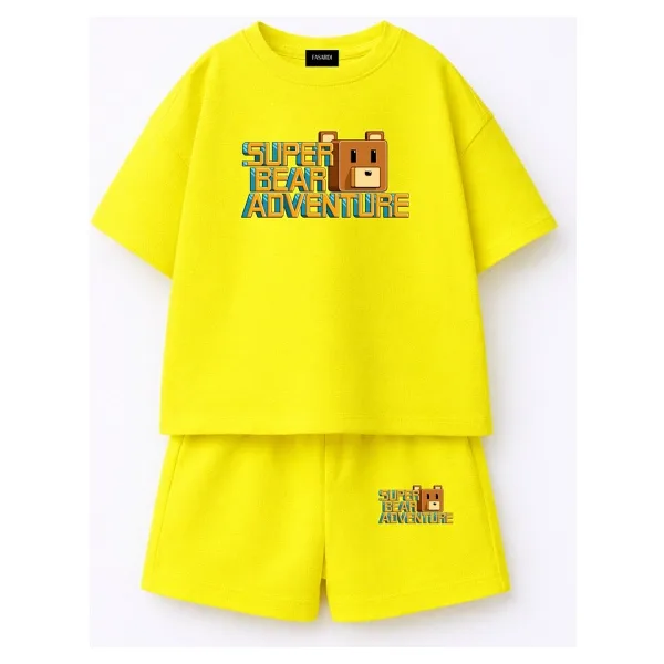 Fasardi Super Bear Adventure Süper Ayı Baskılı Oversize %100 Pamuk Tişört Şort 2li Çocuk Takım - 8 - 9 Yaş - Sarı