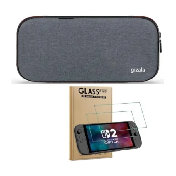 Gizala Switch 2 Slim Taşıma Çantası + Switch 2 Temperli Cam Ekran Koruyucu 2li Bundle Paket