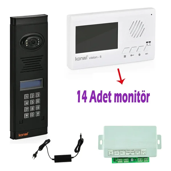 Görüntülü Diafon Seti Konwi Intercom Apartman Tipi Set Vsions 4,3 Monitör Zil Paneli Şifreli Kameralı Güç Kaynağı - 14 Daire Set - Beyaz
