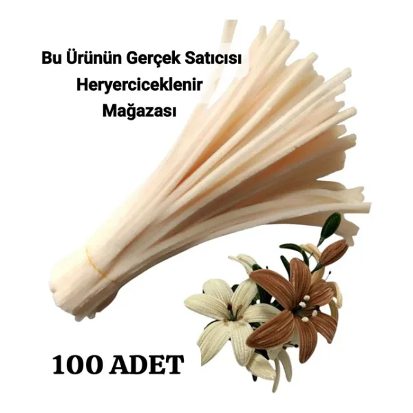 hyc heryerçiçeklenir 100 Adet Krem Şönil, Çiçek Yapımına Uygun Tüylü Tel, 30 cm 6mm