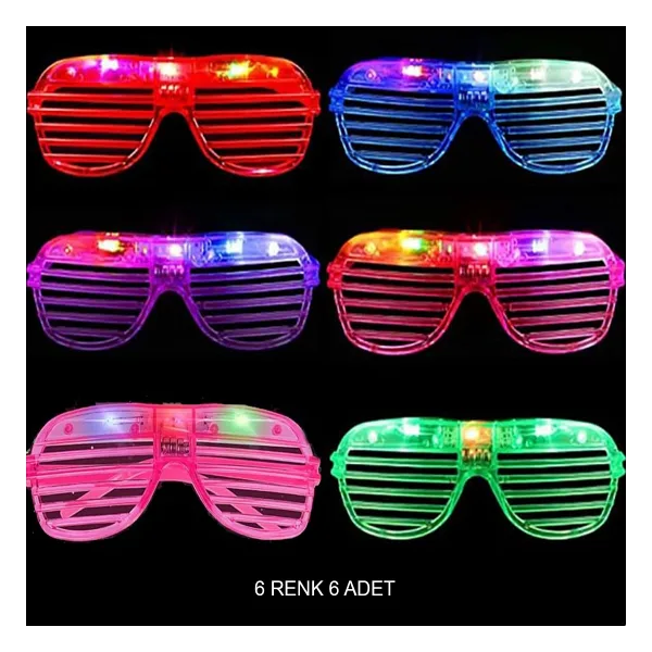 Işıklı Panjur Şeritli Led Parti Gözlüğü 6 Renk 6'lı Set