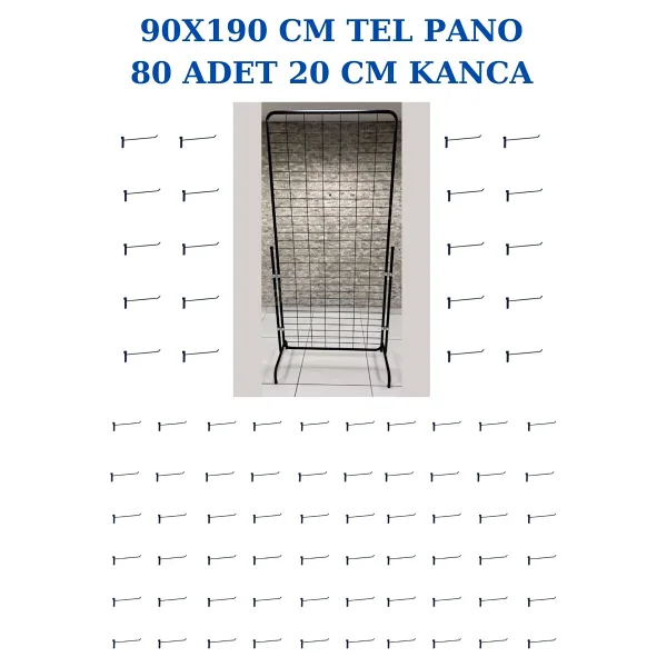Manken İstanbul Siyah Tel Pano Standı 90X190 cm - 80 Adet Kanca Bijuteri Standı Çorap Standı Telefon Standı